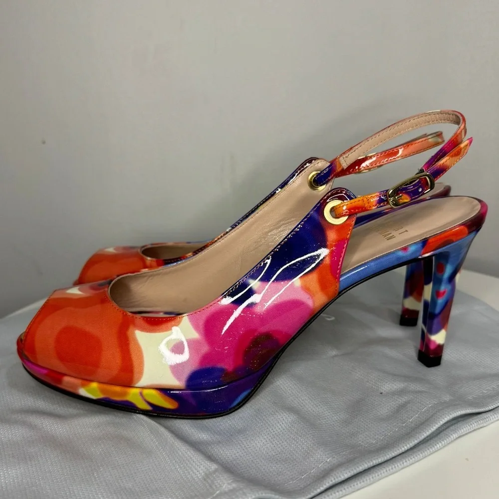 Stuart Weitzman Rinky Mod Patent Print Slingback Heels - Size 9.5M - Picture 2 of 10